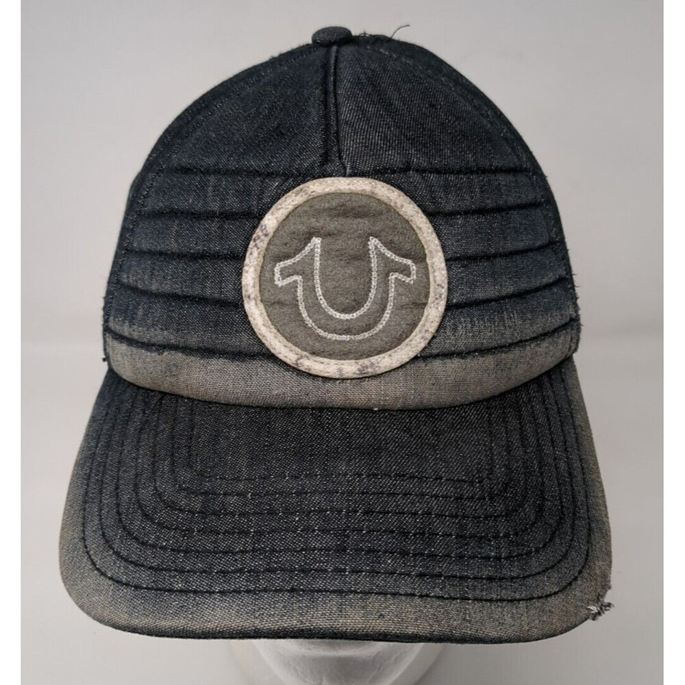 Vintage True Religion Denim Baseball Cap Leather Strap‎ Hat Blue Patch Logo Y2K